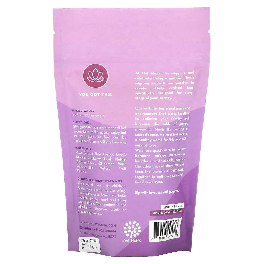 Oat Mama, чай для повышения фертильности, малина и ваниль, без кофеина, 14 чайных пакетиков, 32 г