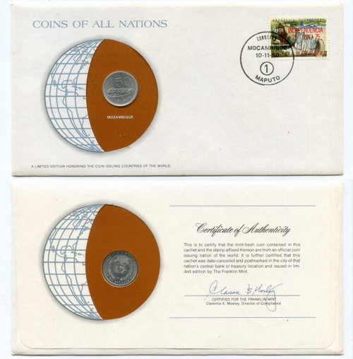 50 сентаво 1980 год. Мозамбик. Конверт с маркой и спецгашением. Серия "Coins of all Nations" (США)