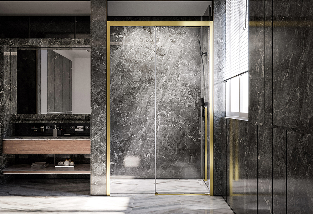 Душевая дверь Veconi Premium Trento PTD-30G, 1400х2000, брашированное золото, стекло прозрачное