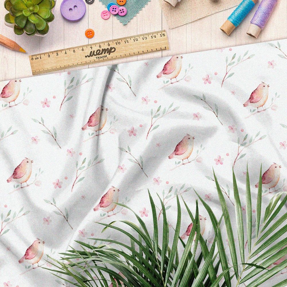 Ткань дюспо акварельные птички и веточки