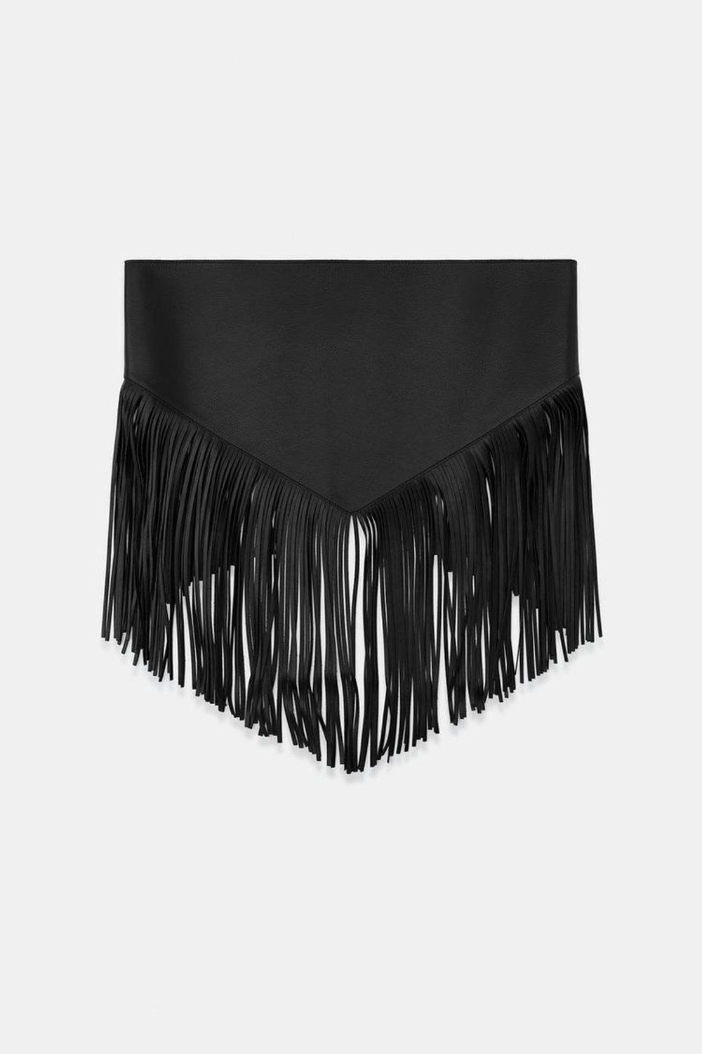 ZARA ТРЕУГОЛЬНЫЙ РЕМЕНЬ-ПЛАТОК ИЗ 100% КОЖИ С БАХРОМОЙ, ЧЕРНЫЙ