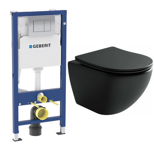 Комплект подвесной безободковый унитаз Ceramica Nova Metropol Rimless с крышкой-сиденьем CN4002MB, черный матовый + инсталляция Geberit Delta 458.163.21.1 с панелью смыва, хром глянцевый