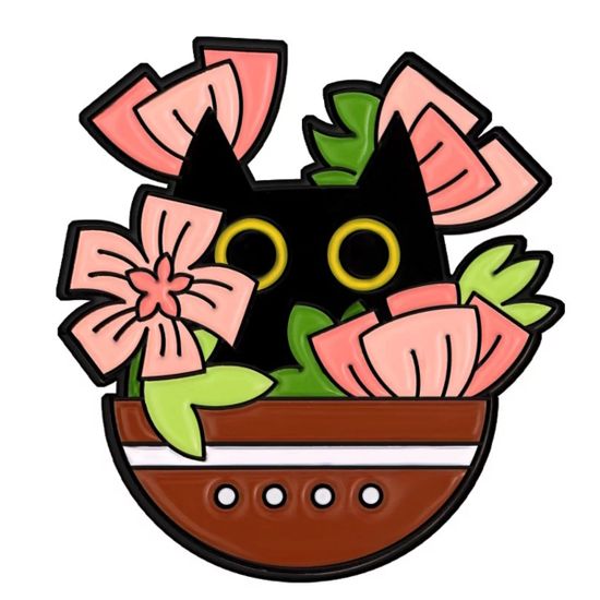 Значок металлический Котик в горшочке. Розовые цветы, р-р 3х2,9см