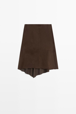 Massimo Dutti Замшевая кожаная юбка миди с оборками, коричневый