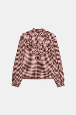 ZARA БЛУЗА В КЛЕТКУ ВИШИ С ВОЛАНАМИ, БУРГУНДИ