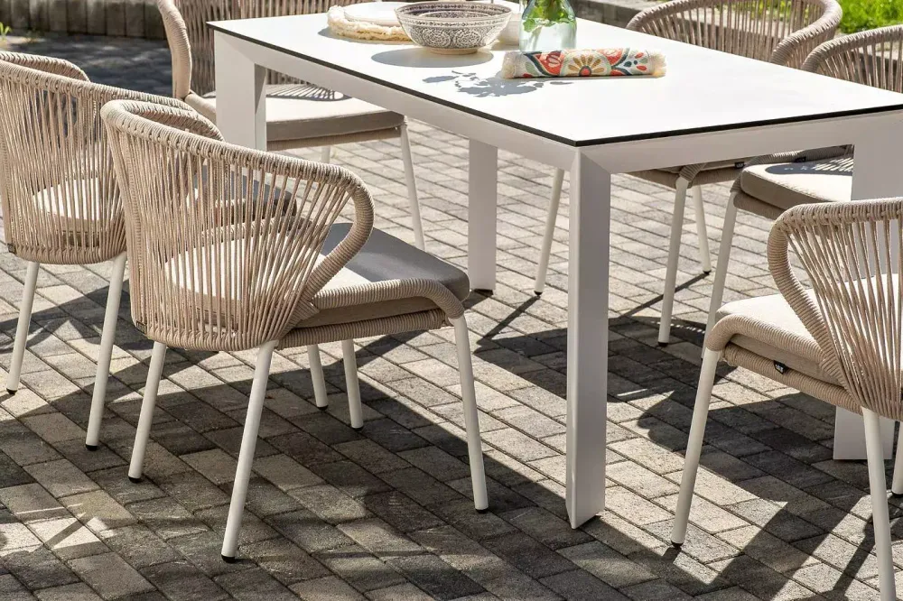 "Венето" обеденная группа на 6 персон со стульями "Милан", каркас белый, роуп бежевый