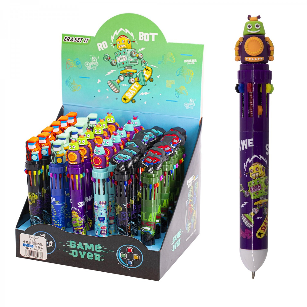 Ручка шариковая Alingar "Робо микс", автомат, 10 цветов, 0,5 мм, круглый, цветной, пластиковый корпус, картонная упаковка