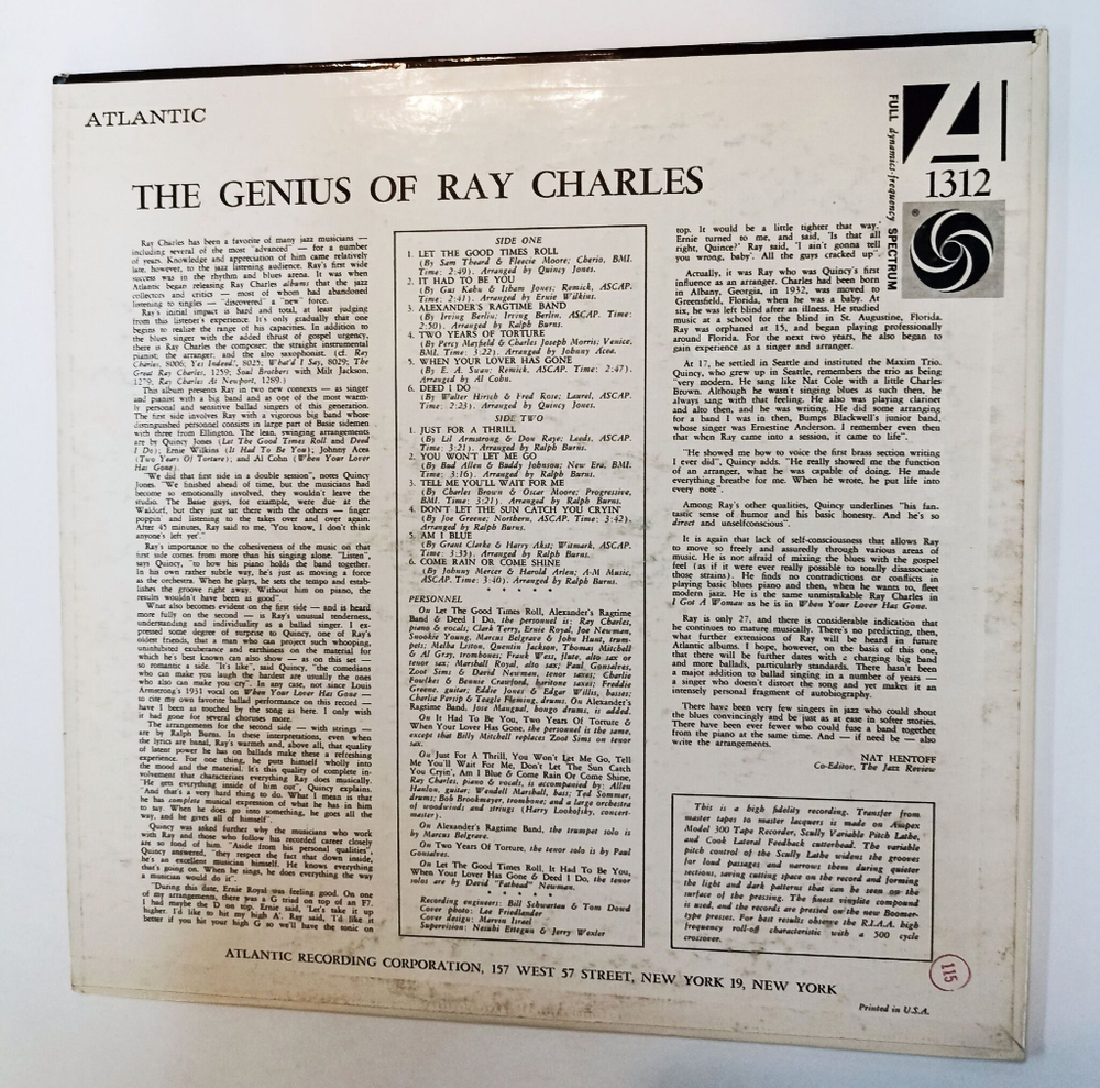 Винтажная виниловая пластинка LP Ray Charles The Genius Of Ray Charles (USA 1962)