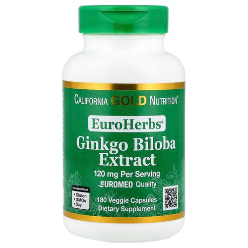 California Gold Nutrition, EuroHerbs®, экстракт гинкго билоба, качество Euromed, 120 мг, 180 растительных капсул