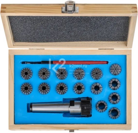 Патрон цанговый OCM КМ3 с резьбой, с набором цанг ER25 2-16 мм, 15 шт.