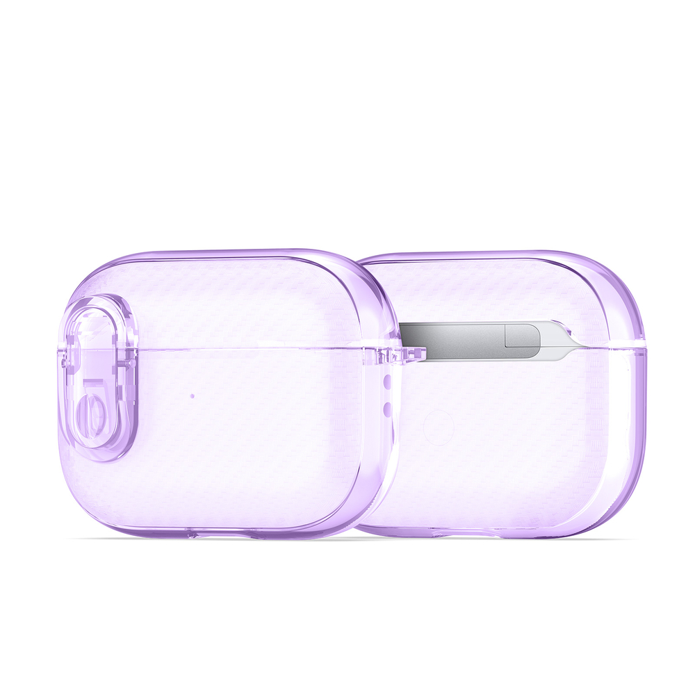 Чехол для наушников AirPods Pro 2, прозрачный фиолетового цвета с карбоновой текстурой от Dux Ducis, серия PECK Series Case, в комплекте с карабином