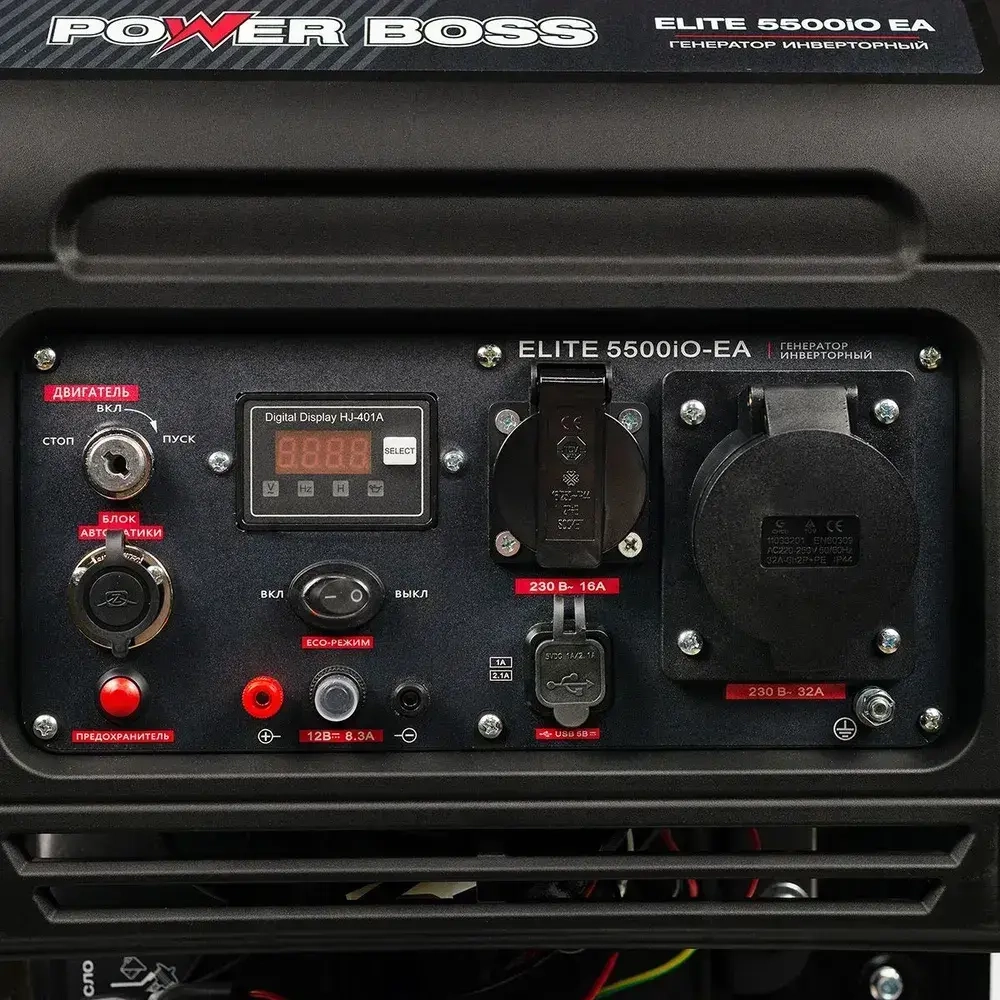 Генератор Инверторный Power Boss ELITE 5500iO-EA, 5.5 кВт 236 см3, 15 л, электростарт AVR коннектор автоматики, розетки 1х230 В/16 А и 1х230 В/32 А, выход постоянного тока USB 5 В, 102004