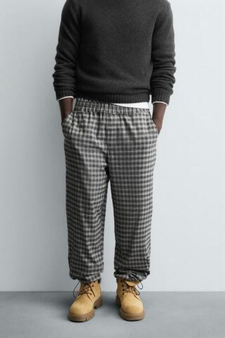 ZARA БРЮКИ RELAXED FIT ИЗ РЕЛЬЕФНОЙ ТКАНИ, ЧЕРНЫЙ МЕЛАНЖ