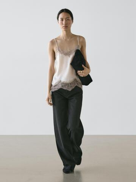 Massimo Dutti Топ из жатой ткани, бежевый