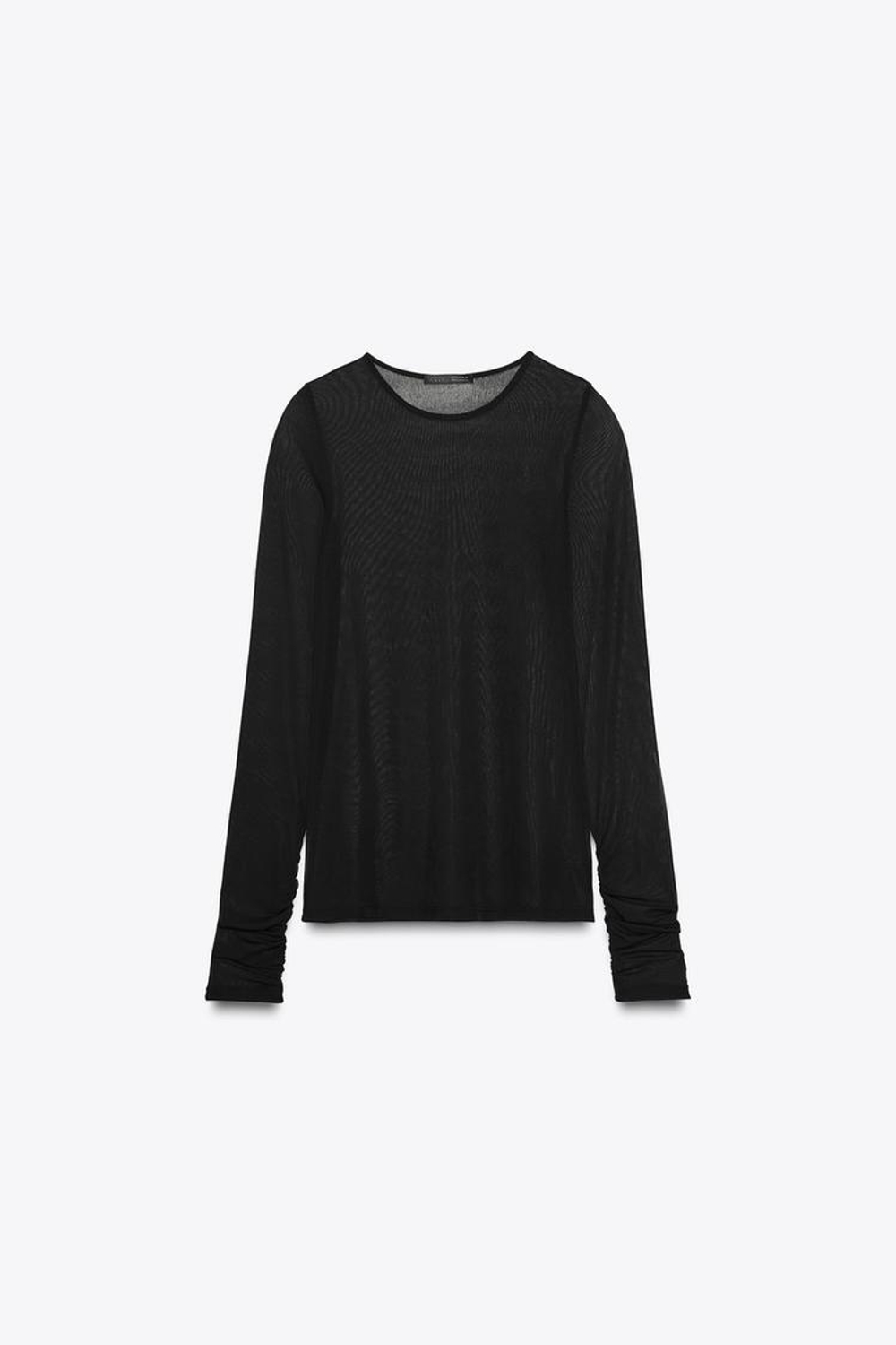 ZARA ПОЛУПРОЗРАЧНАЯ ФУТБОЛКА СО СБОРКАМИ, ЧЕРНЫЙ