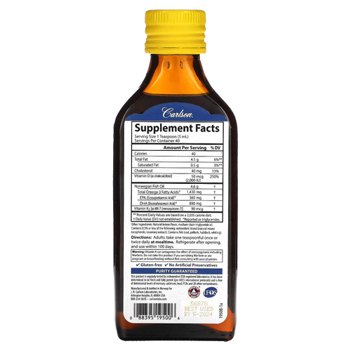 Carlson, Omega 3 Plus D & K, натуральный лимон, 1430 мг, 200 мл (6,7 жидк. унц.)