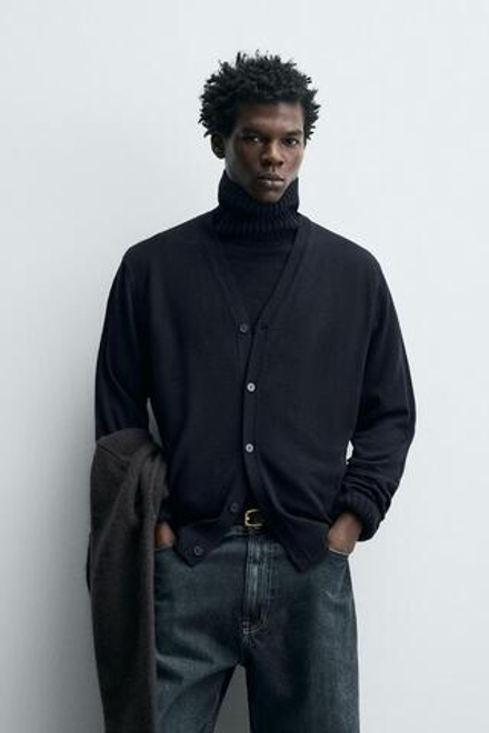ZARA ЛЕГКИЙ ШЕРСТЯНОЙ КАРДИГАН, МОРСКОЙ ТЕМНО-СИНИЙ