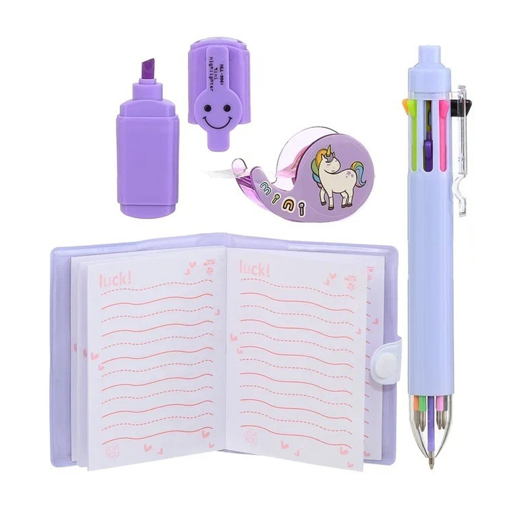 Канцелярский набор Basir с цветным текстовыделителем, 8-ми цветной ручкой, скотчем и блокнотом, серия "Единорог", ассорти, 19.7*11 см