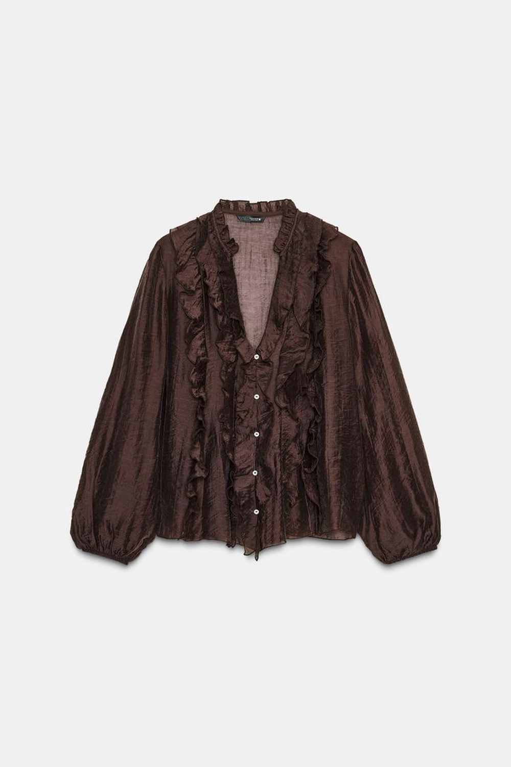 ZARA БЛУЗА С ВОЛАНАМИ, КОРИЧНЕВЫЙ