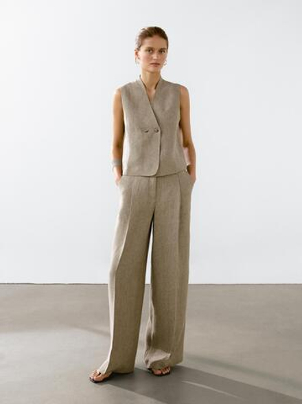 Massimo Dutti Брюки из смесового льна с защипами, бежевый