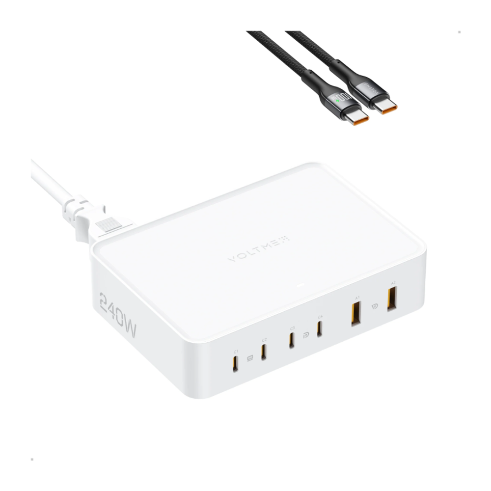 Сетевое зарядное устройство VOLTME Revo 240 мощностью 240 Вт (4 USB-C, 2 USB-A) (GaN) и кабель USB-C (1,2 м) Настольный многопортовый мощный адаптер питания. Есть поддержка PD 3.1, QC 5, PPS, SFC 2.0 и AFC. Поддерживаемая кабелем мощность — до 100 Вт