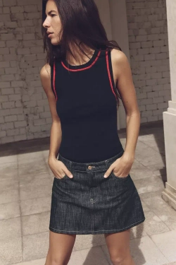 ZARA ТРИКОТАЖНЫЙ ТОП С КОНТРАСТНОЙ СТРОЧКОЙ БЕЗ РУКАВОВ, МОРСКОЙ СИНИЙ