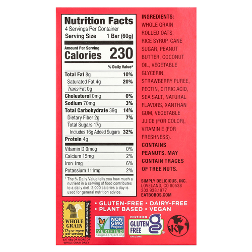 Bobo's Oat Bars, PB & Js, клубника, 4 упаковки по 60 г (2,1 унции)