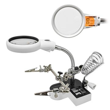 Настольная лупа "Третья рука" 6Х/12Х-65мм на гибком штативе с подсветкой (2 LED)