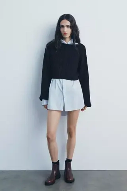 ZARA УКОРОЧЕННЫЙ СВИТЕР ИЗ РИФЛЕНОГО ТРИКОТАЖА, ЧЕРНЫЙ