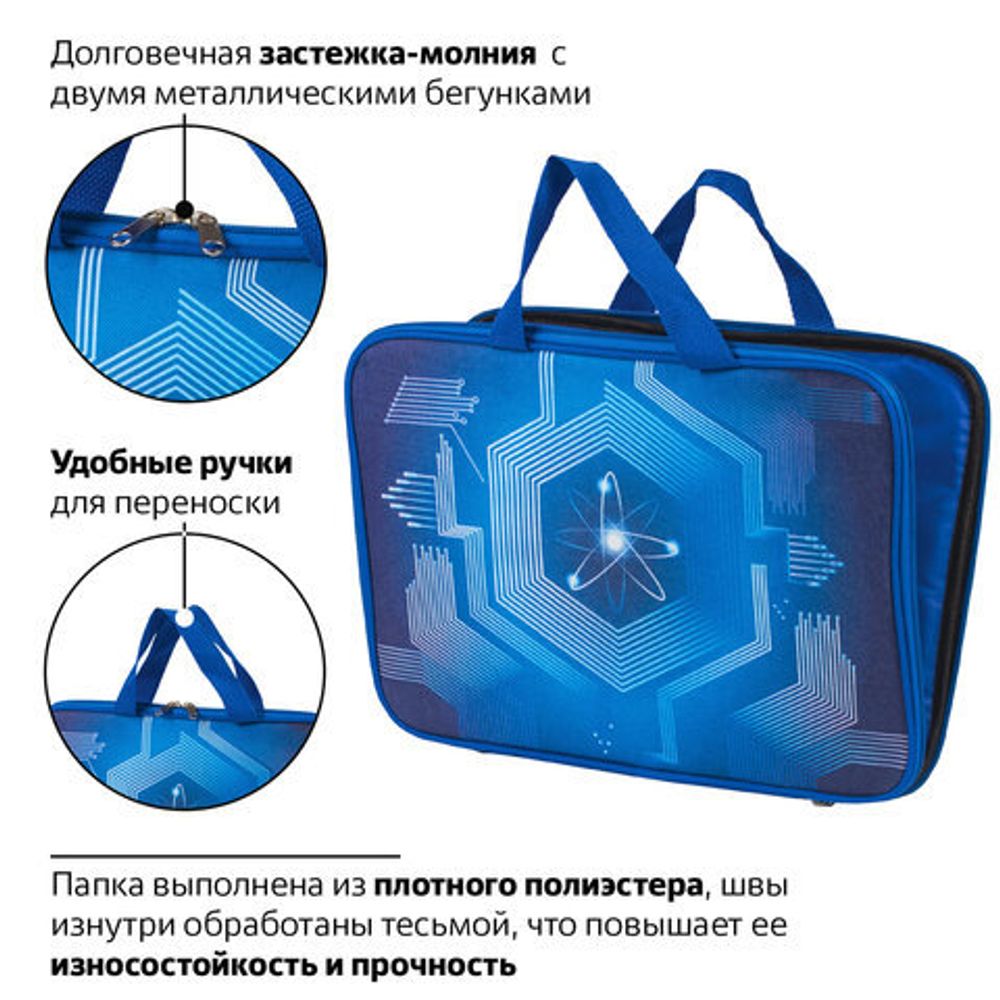 Папка на молнии с ручками BRAUBERG, А4, ткань, с подкладкой, сублимация, для мальчиков, "Атом", 227089