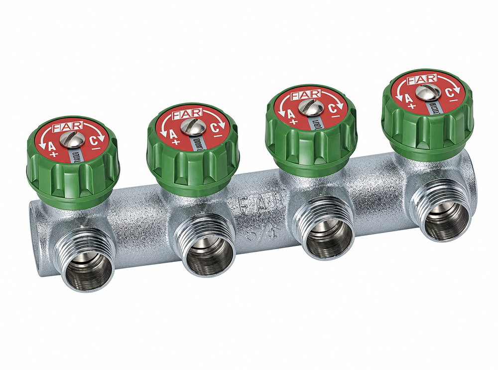 Коллектор регулирующий 3/4" (ВР-НР) с 4 отв. 1/2"EU с вставкой под плоское уплотнение
