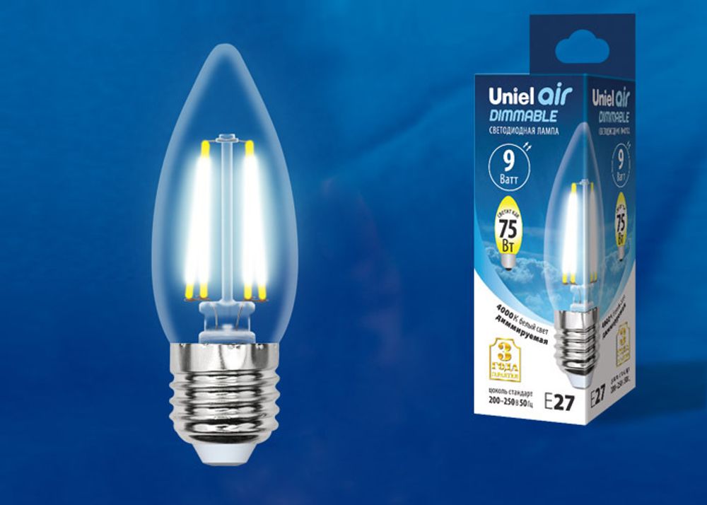 LED-C35-9W/4000K/E27/CL/DIM GLA01TR Лампа светодиодная диммируемая. Форма свеча, прозрачная. Серия Air. Белый свет (4000K). Картон. ТМ Uniel.