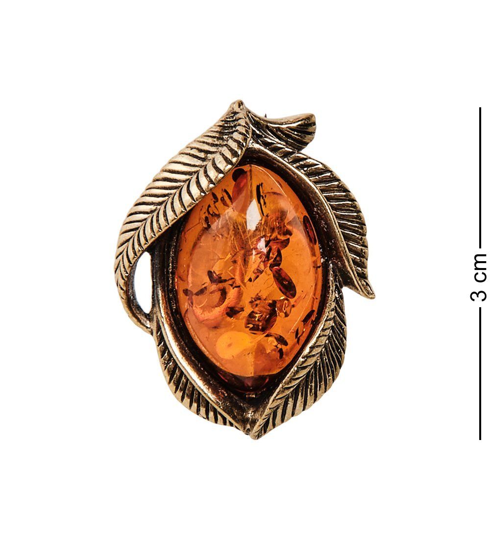 AM-2569 Брошь «Винтажный листик» (латунь, янтарь)