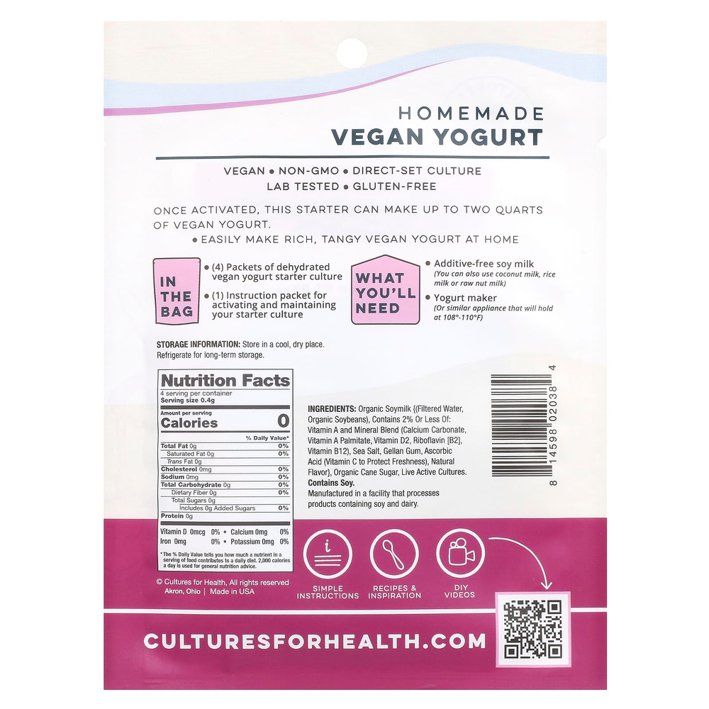 Cultures for Health, Веганский йогурт, 4 пакетика, 1,6 г (0,06 унции)
