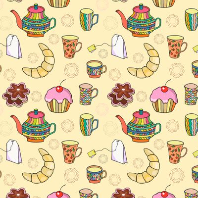 seamless pattern. tea bag, cookies, croissant cupcake.