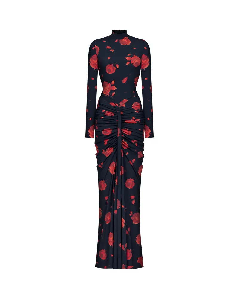 Иви макси (Ivy sleeves), платье макси из черного бифлекса с цветочным принтом