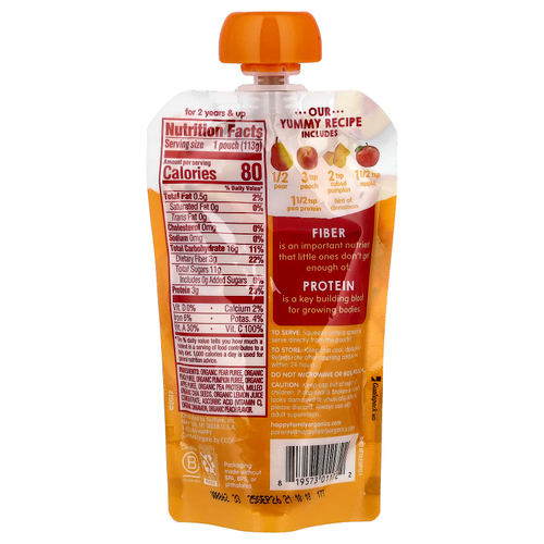 Happy Family Organics, Happy Tot®, клетчатка и протеин, для детей от 2 лет, органические груши, персики, тыква, яблоки и корица, 113 г (4 унции)