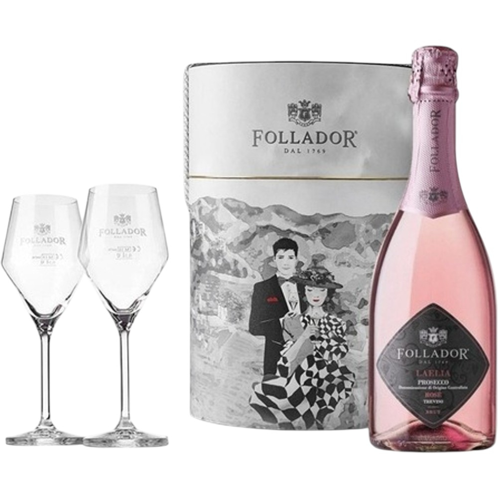 Игристое вино Follador Laelia Prosecco Treviso Rose Brut Millesimato 0,75 л. В подарочной упаковке с 2 бокалами