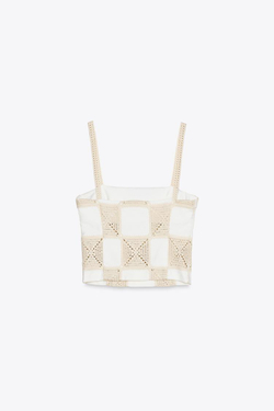 ZARA ТОП ИЗ ИНТЕРЛОКА В СТИЛЕ ПЭЧВОРК С ДЕТАЛЯМИ ИЗ КРУЖЕВА КРОШЕ, ЖЕЛТОВАТО-БЕЛЫЙ