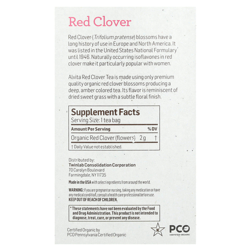 Alvita Teas, органический растительный чай, красный клевер, без кофеина, 16 индивидуально упакованных чайных пакетиков, 32 г (1,13 унции)