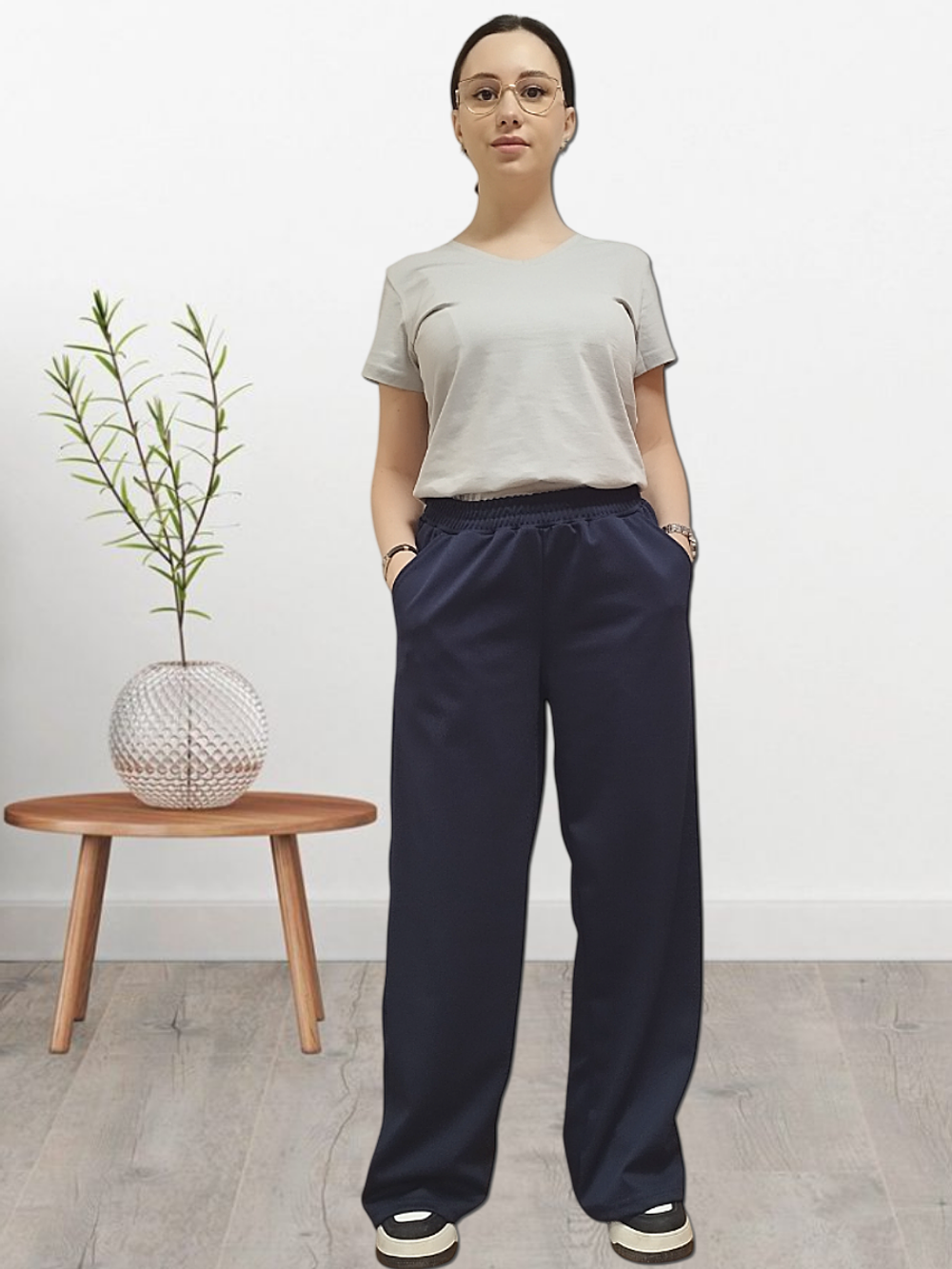 20621 Брюки женские палаццо трикотаж Диор темно-синий (54)