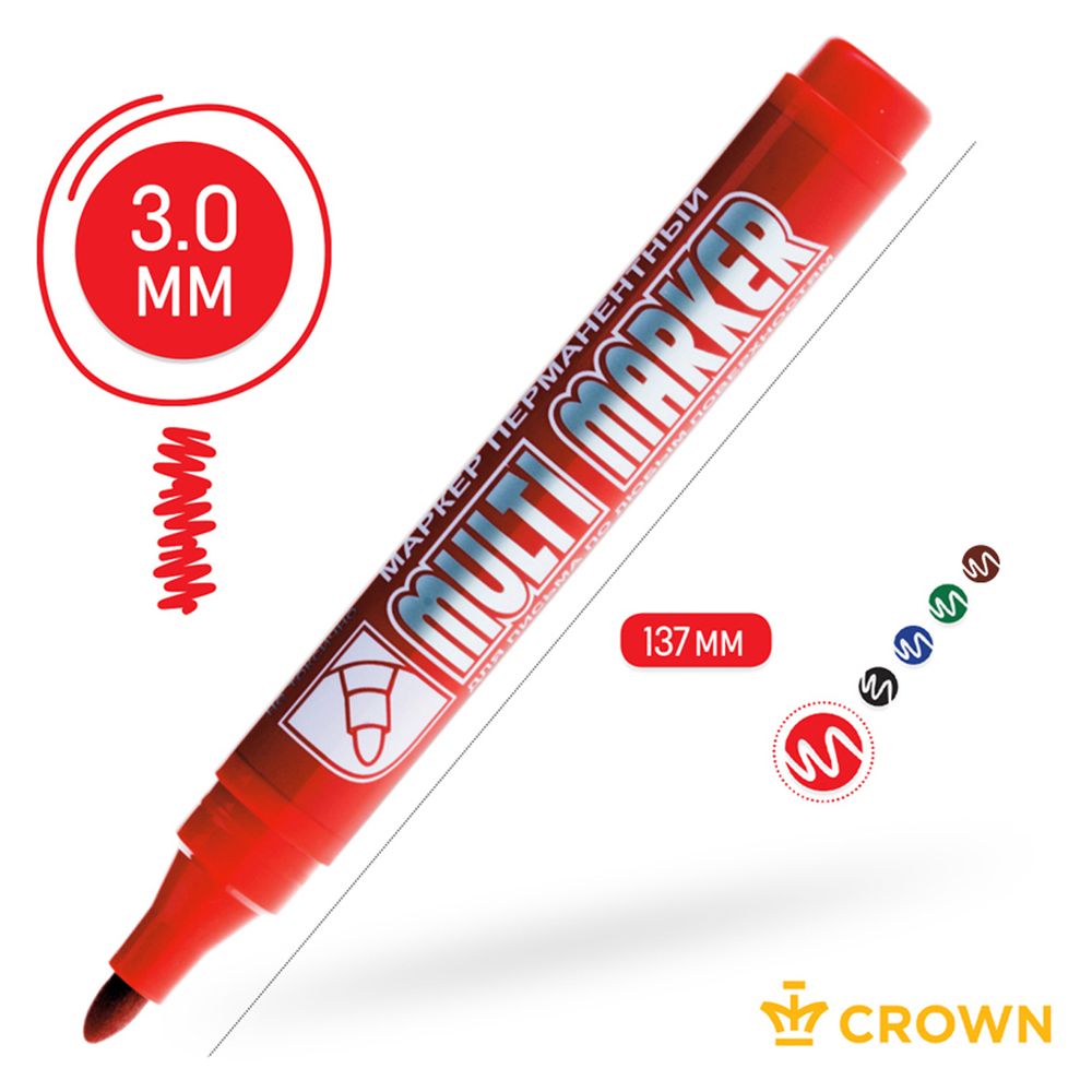 Маркер перманентный 3.0мм, Crown Multi Marker, красный