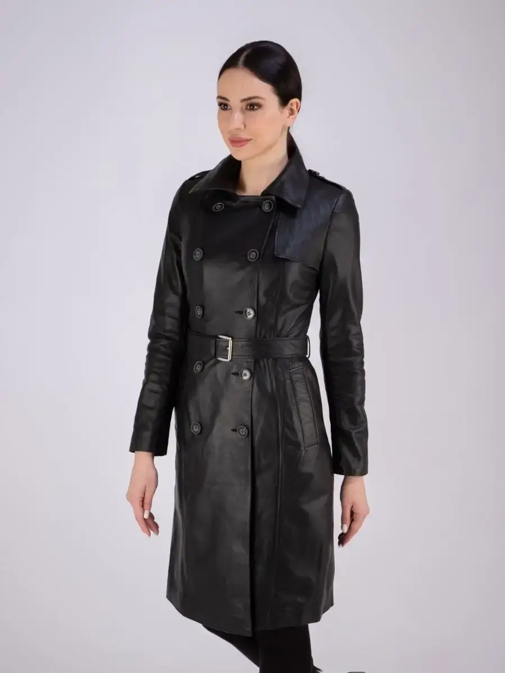 Тренч длинный кожаный с поясом плащ на весну