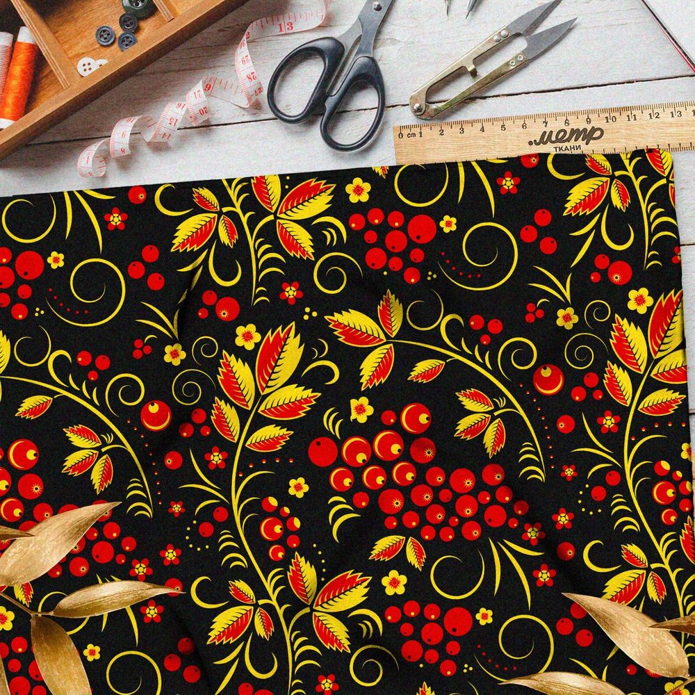 Ткань барби жёлто-красная хохлома с рябиной на чёрном фоне