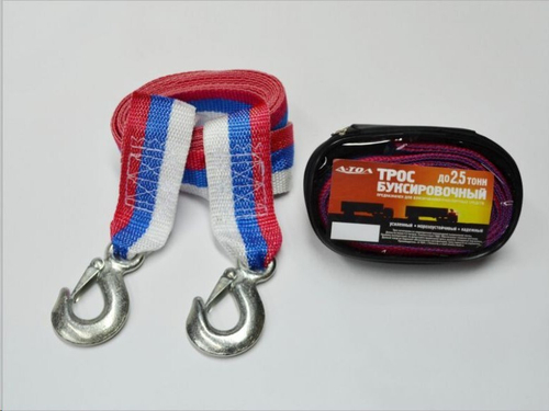 Трос буксир. (2,5 т) лента 2 крюка /4,5 м/ усилен.+перчатки в сумке (A-TOL)