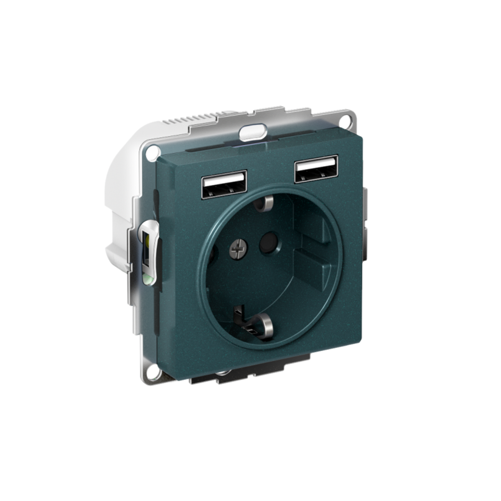 Розетка 1-м СП AtlasDesign 16А IP20 с 2-мя заряд. устройствами USB тип A+A 5В/2.4А 2х5В/1.2А механизм изумруд SE ATN000830