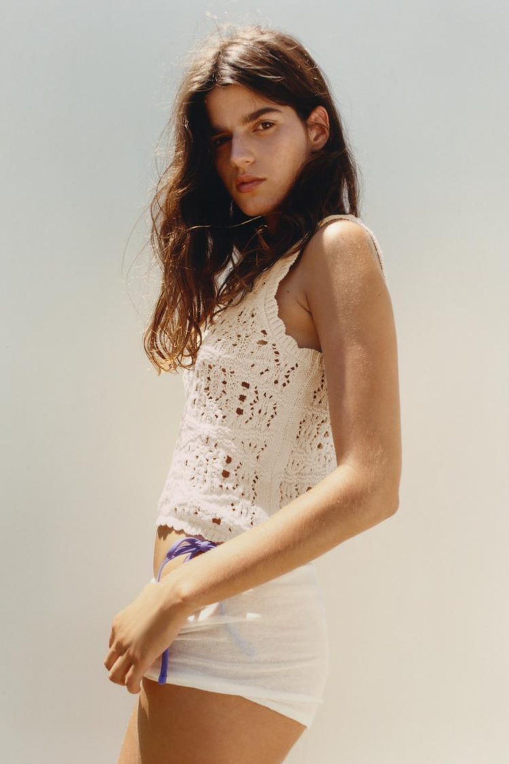 ZARA УКОРОЧЕННЫЙ ТОП ИЗ АЖУРНОГО ТРИКОТАЖА, ЭКРЮ