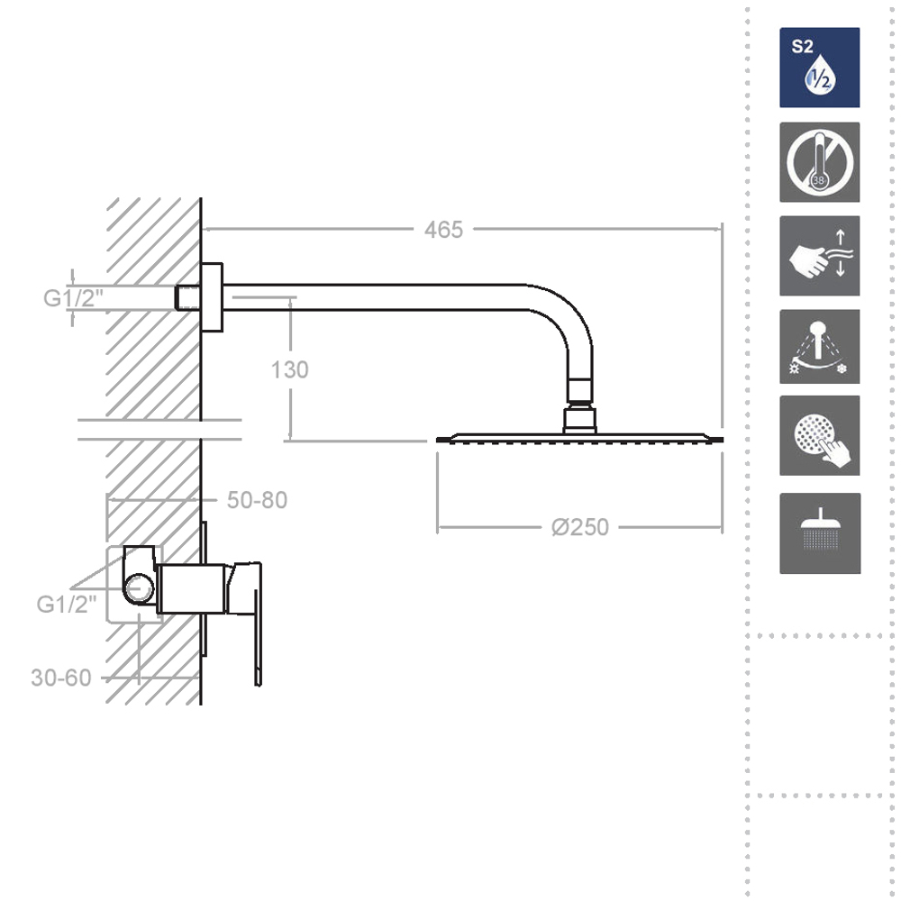 Встраиваемый смеситель для душа с тропическим душем ALEXIA K3618012OC золото