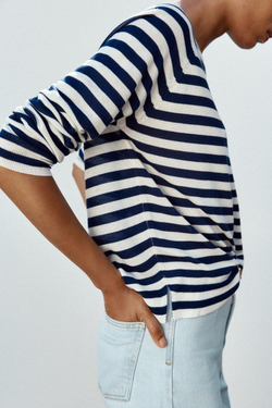 ZARA СВИТЕР ИЗ ТОНКОГО ТРИКОТАЖА В ПОЛОСКУ, ЭКРЮ/СИНИЙ