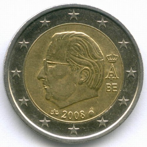2 евро 2008 год. Бельгия. Регулярный выпуск. Тип 3. Биметалл XF-AU